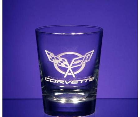 Corvette Glass, Heavy Base Double Old Fashioned, Set Of Four, 13 Ounce, 1953-2013 Corvette Designs | Corvette Glass, 13 Ounce Heavy Base Double Old Fashioned, Set Of Four, 1984-1990 Pennant With Corvette Lettering