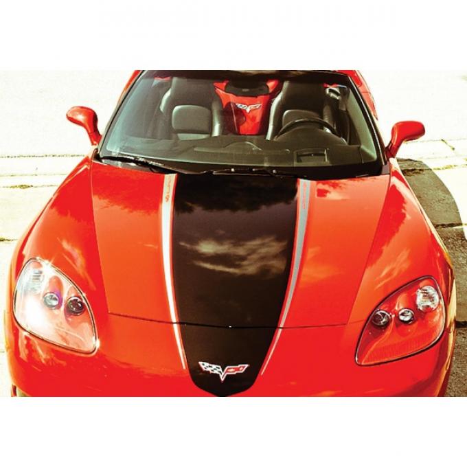 Corvette Hood Decal Package, Coupe, Silver With Red Accent,Racing Stripe, 2005-2013