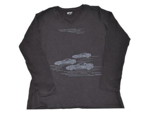 T-Shirt Corvette Trio V-Neck Womens Black Long Sleeve