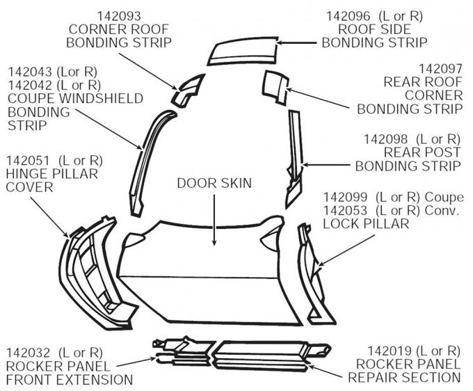 63-67 Roof Corner Bonding Strip - Coupe Right Rear- Pm