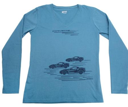 T-Shirt Corvette Trio V-Neck Womens Blue Long Sleeve