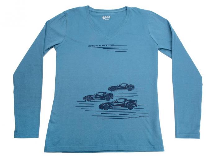 T-Shirt Corvette Trio V-Neck Womens Blue Long Sleeve