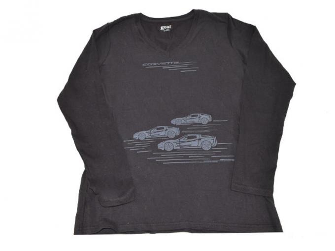 T-Shirt Corvette Trio V-Neck Womens Black Long Sleeve